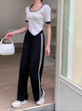Cotton blend straight fit white line black lower, solid design men's clothing, India origin, size S-28/29, M-30/31, L-32/33, XL-34/35