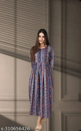 Printed Crepe A-Line Kurtis - High-quality crepe fabric, floral print, three-quarter sleeves, floor-length, India origin