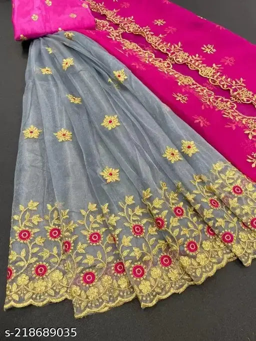 Dupion silk and net embroidered Lehenga with semi stitch and cut work, heavy net dupatta featuring beautiful cut work broder, Indian origin