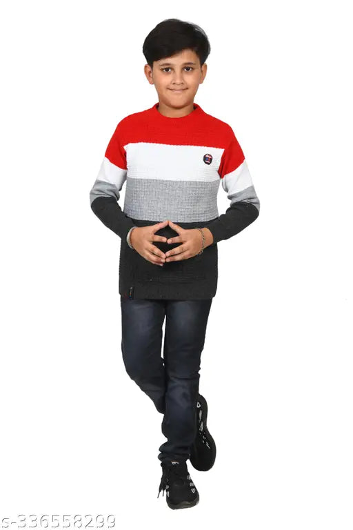 Multicolor wool sweater for boys, colorblocked pattern in sizes 8-9 Years, 9-10 Years, 10-11 Years, and 11-12 Years. Made in India