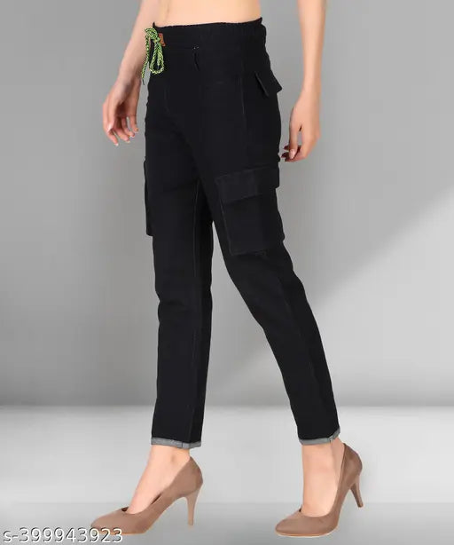 Stretchable premium denim cargo black jogger jeans for girls plus size, mid waist, denim surface, tie-ups net quantity 1. Indian manufacturer