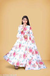 Georgette gown, sleeveless, printed net, classic elegance, matching dupatta, 9-16 years