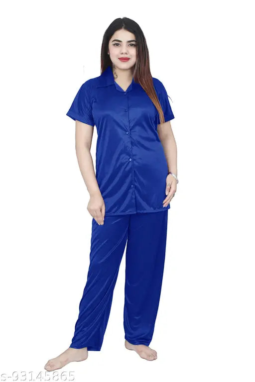 Royal Blue satin nightsuit with solid collar neck and half sleeves for women, luxurious sleepwear from Jerry Nightwear