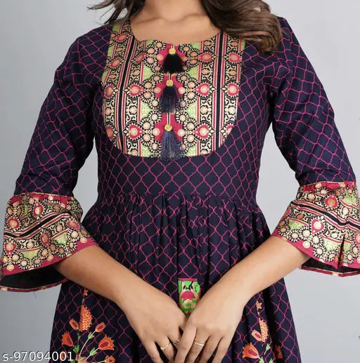 Blue printed rayon kurtis with three-quarter sleeves by Maira Fashion, India