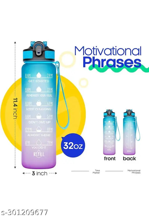 Multicolor, unbreakable water bottle with motivational quote, time marker, leakproof, BPA-free, durable for office & gym. Features buckle handle, humanized design, and silicone straw. Ideal for travel, hiking, fitness, and outdoor activities