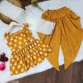 Yellow Jaypuri cotton print dhoti kurta set for girls with dupatta, anarkali top shape and dhoti pants bottom type. Printed design, sleeveless style, comfortable and fashionable clothing for ages 6-13 years old, made in India