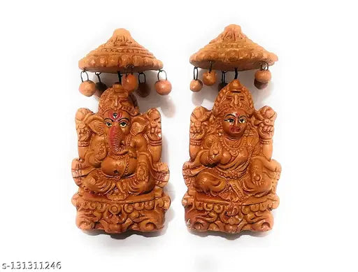 Handmade Terracotta Lakshmi-Ganesh pair idol, eco-friendly, hand-colored with pearl garland - traditional Hindu religious statues for home or office decor, perfect Diwali puja gift