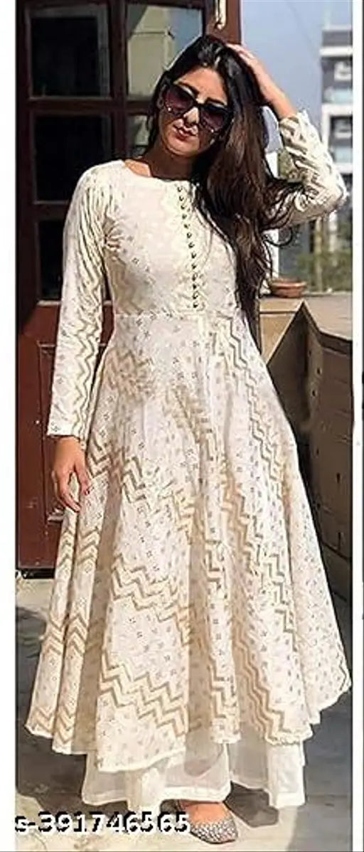 Elegant rayon Anarkali Kurta Palazzo Set with three-quarter sleeves - perfect for casual & formal occasions, suitable for women & girls, stylish trendy print design on coordinated palazzo pants and kurta