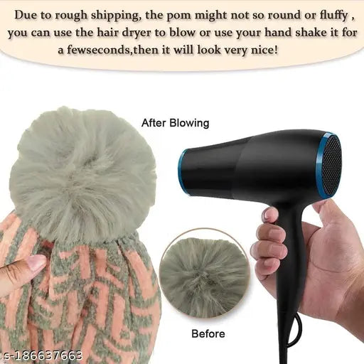 Grey striped woolen knitted cap with fur inside, warm and soft for women and girls, perfect winter wear