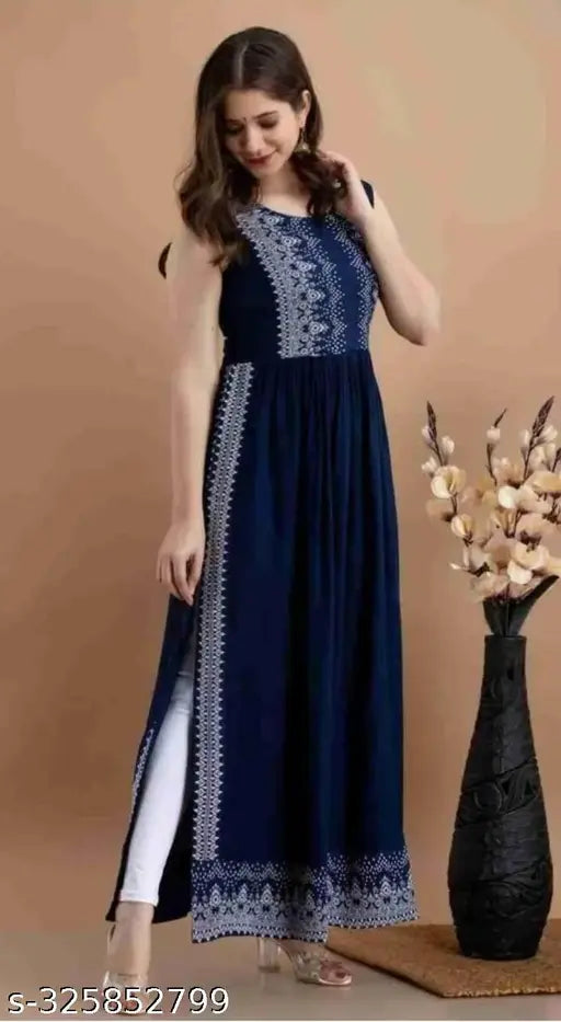 Sleeveless Rayon Women's Naira Cut, Printed Indian Long Kurti - XS to XXL