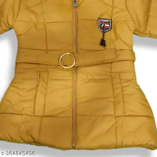 Nylon blend doll design winter jacket for girls, solid color, full sleeve, regular fit