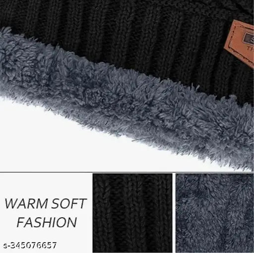 Black woolen beanie cap & neck muffler set with faux fur inner side, ideal for winter, unisex design