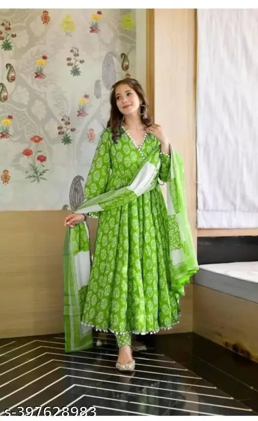 Printed rayon Anarkali suit with long sleeves and pompom border, hand-washable in sizes M, L, XL, XXL. Made in India