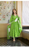 Printed rayon Anarkali suit with long sleeves and pompom border, hand-washable in sizes M, L, XL, XXL. Made in India