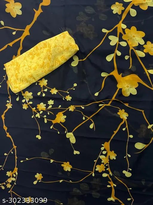 Yellow Georgette saree with printed net blouse, free size, 5.5m length, made in India