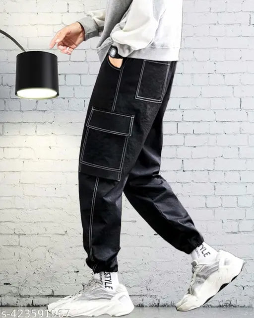 Black lycra baggy jeans joggers for men, versatile zip cargo pants with minimalist design and relaxed fit. Sizes available: 28 (Waist 28in, Length 39in, Hip 38in), 30, 32, 34. Made in India