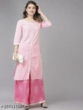 Rayon pink printed kurtis with palazzos, three-quarter sleeves, Rayon fabric. Indian fashion for women's ethnic wear set
