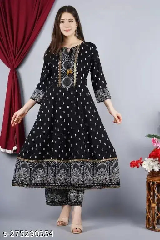 Women's Rayon Printed Anarkali Kurta Set with Palazzos and Dupatta, vibrant pattern on display