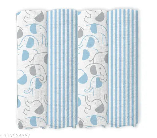 Organic cotton muslin double head elephant blue stripe swaddles for newborns (set of 4), multipurpose use as blanket, burp cloth, play mat, and nursing cover