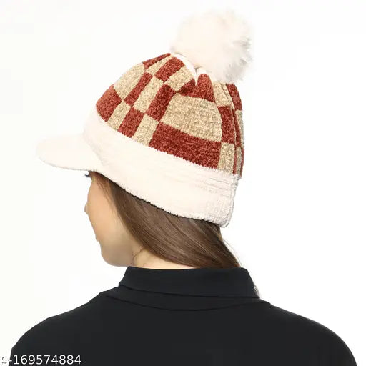 Woolen Ambitieux Combo Winter Beanie Cap Set, self-design pom pom cap with visor (inside fur), warm and snow-proof, pack of 2 for women & girls