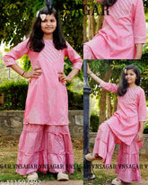 Stylish embroidered Rayon kids kurta set with sharara bottoms - A-line tops, three-quarter sleeves, available in sizes from 3-16 years