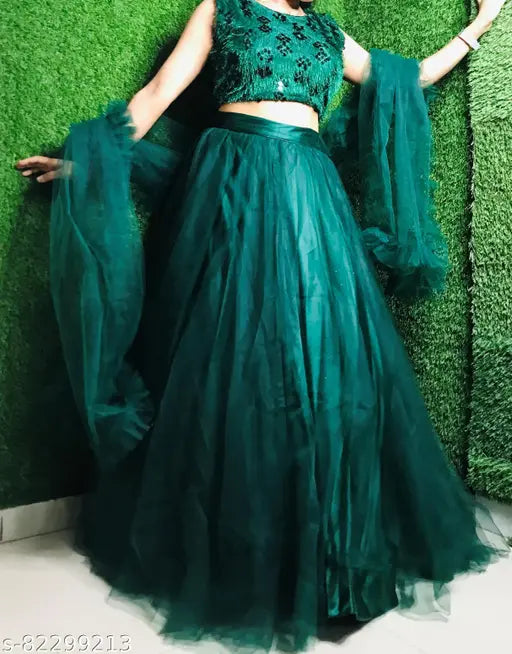 Embellished acrylic-net Treandy Lehenga with ruffled dupatta, green color party wear for Indian events, India origin