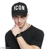 White embroidery cotton baseball cap, black design for men & boys. Self-designed, solid, adjustable icon black cap from India