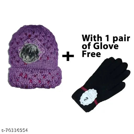 Blue wool cap for women with high-quality gloves, self-designed in vibrant shades