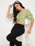 WineRed Women's Light Green Ruched Crop Top - Indian-made, high-fashion solid crepe top with short sleeves, ideal for casual outings