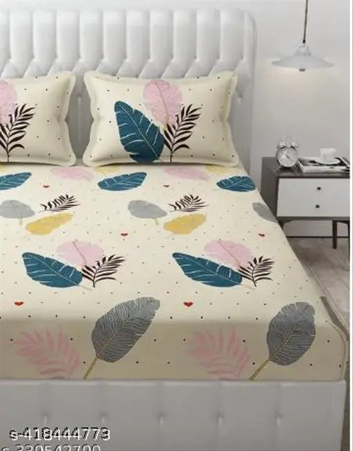 Platinum printed Glace Cotton fitted double king bedsheet with 2 pillow covers, botanical pattern, 220 thread count, 78x72 inches / 198x182 cms / 6.5 x 6 feet. Ideal for adults and summer season. RAREBIRD brand, made in India