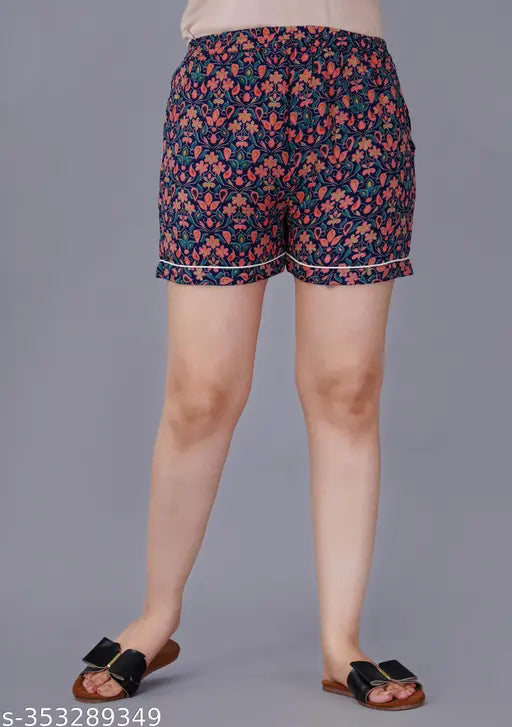 Blue rayon printed nightsuit combo set for women - includes shirt, pyjamas, and short