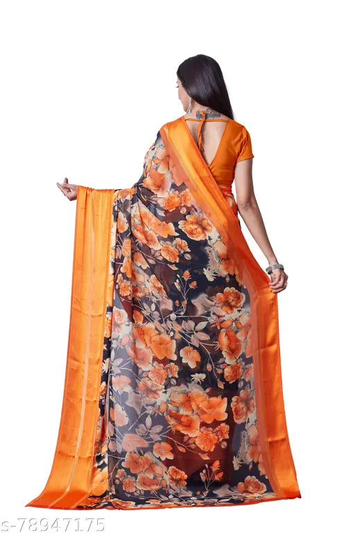 Georgette satin patta saree with unstitched blouse - vibrant print design for party occasions, free size, made in India