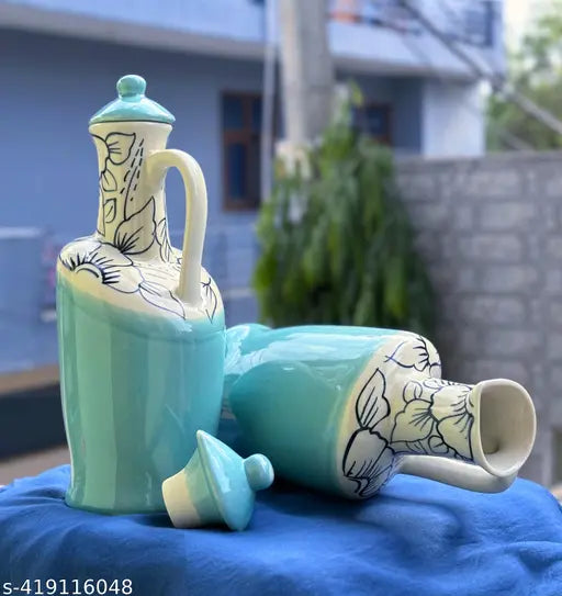 Sky Blue Ceramic Oil Dispenser (1L), microwave safe for kitchen & restaurant storage. Ideal for oil, vinegar, or other liquids