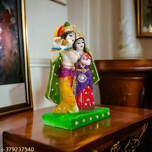 Resin Shri Radha Krishna idol with complete sringar, 12cm long and 21cm high, Indian decor piece