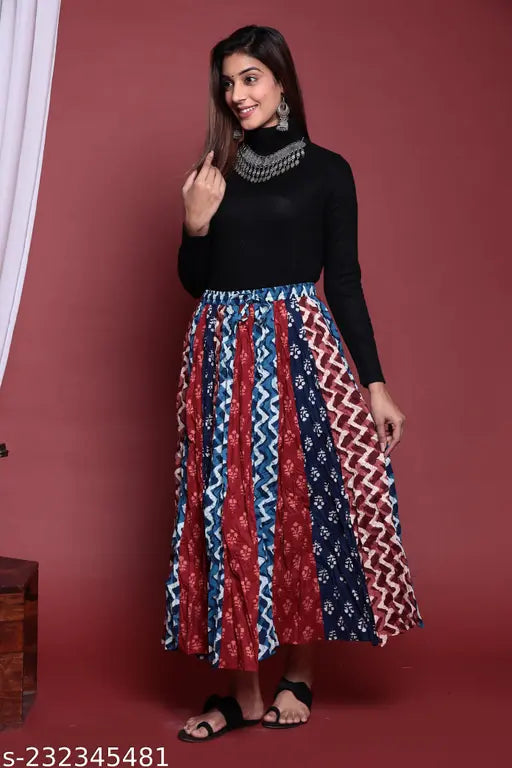 Multi-colored printed cotton skirt for daily use and parties, ethnic flared design with tie-up waistband