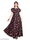 Girl's printed polyester fit and flare gown, ankle length, short sleeves, rose flower pattern, high quality party wear