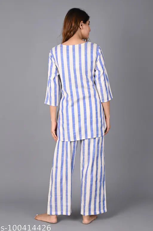 Striped rayon nightsuit with three-quarter sleeves, featuring a self-pattern design. Made in India
