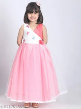 Pastel pink net gown for kids party wear, toy balloon print design on sleeveless dress