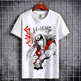 White printed Jiraiya round neck half sleeve polyester regular/casual wear T-shirt, unisex fit, high-quality fabric and printing, suitable for kids' outfits with jeans or shorts. Made in India
