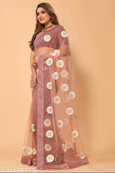 Floral embroidered net saree with unstitched blouse piece, elegant designer party wear for festive occasions in free size