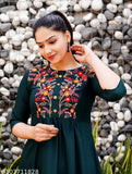 Dark green embroidered Rayon Anarkali kurti for women, intricate Indian embroidery on traditional design
