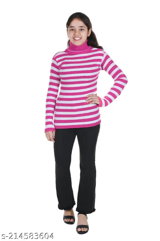 Woolen striped full sleeves high neck sweater for kids, warm and soft pullover for winter - 100LUCK brand