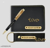 Customised black wallet combo set with keychain and gold-crush pen, personalised gifts for him in faux leather/leatherette