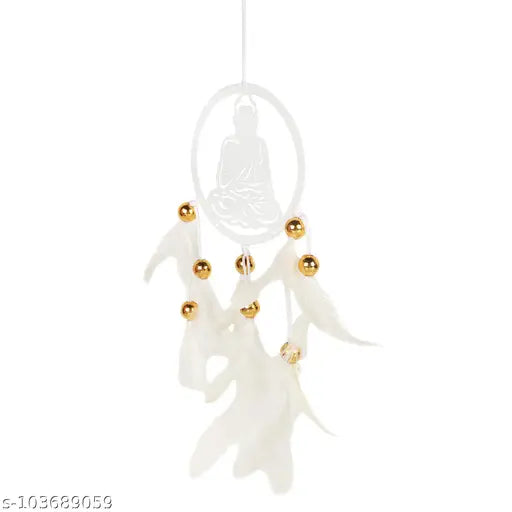White Buddha dream catcher emblem wall hanging, handmade in India for positive vibes and car decor