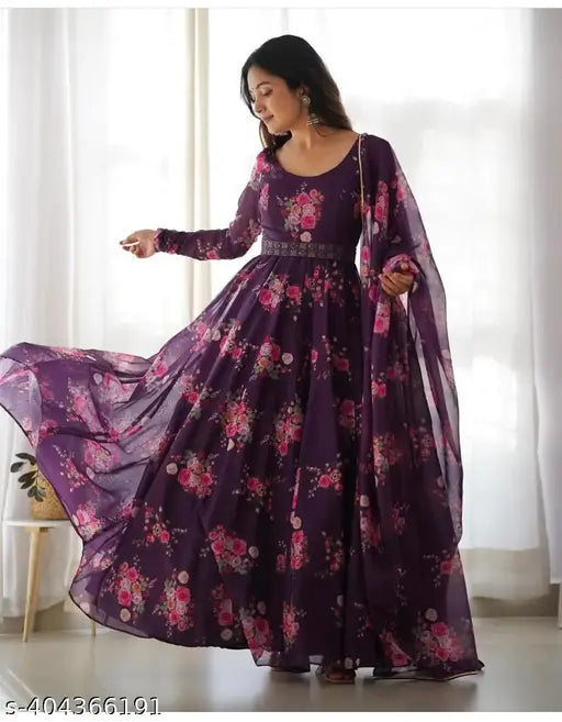 Purple Georgette designer dress with dupatta for women, heavy crepe inner fabric, floral print & lace border, suitable for parties or weddings