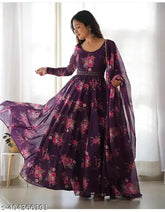 Purple Georgette designer dress with dupatta for women, heavy crepe inner fabric, floral print & lace border, suitable for parties or weddings