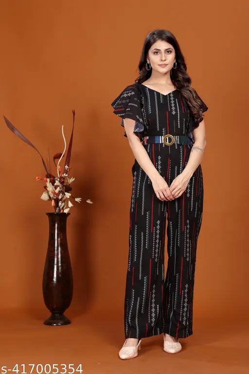 Women's digital printed rayon jumpsuit with three-quarter sleeves, featuring a vibrant pattern. Rayon jumpsuit size M (Bust 36in, Length 52in, Waist 32in, Hip 38in), L (Bust 38in, Length 52in, Waist 34in, Hip 40in), XL (Bust 40in, Length 54in, Waist 36in, Hip 42in). Origin: India