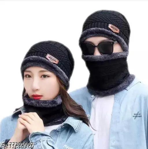 Black woolen balaclava cap with neck warmer combo. Soft, ultra-soft unisex winter beanie plus muffler scarf - ideal for cold weather fashion