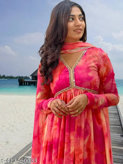 Georgette Alia Cut Traditional Dress for Women, long sleeves, dyed/washed net fabric, various sizes available