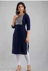 Dark blue embroidered viscose rayon straight kurta, three-quarter sleeves, Indian craftsmanship